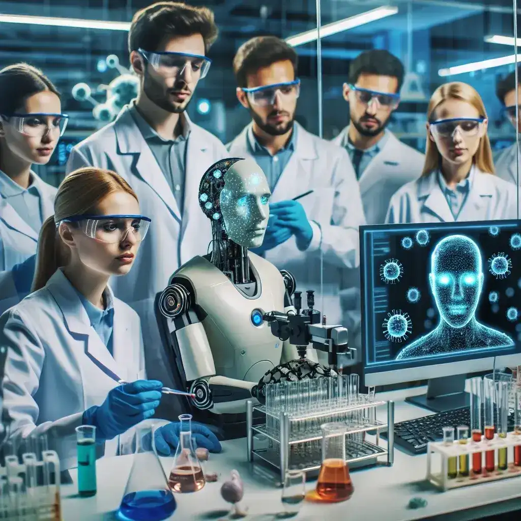 "Ilustração de inteligência artificial ajudando no desenvolvimento de vacinas personalizadas contra vírus emergentes, destacando tecnologia e inovação em biomedicina."