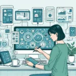 "Ilustração mostrando a automação de tarefas no trabalho usando ferramentas digitais, com gráficos, ícones de software e uma pessoa usando um computador para otimizar produtividade."